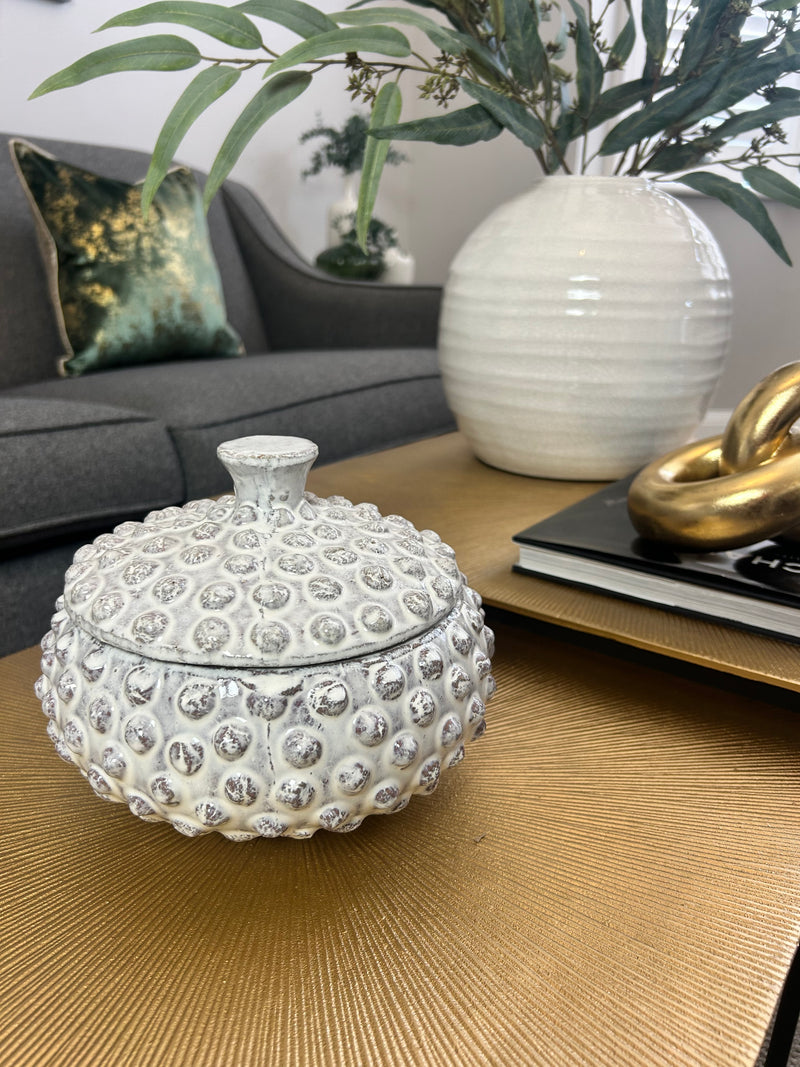Bobble lidded rustic ceramic jar off white