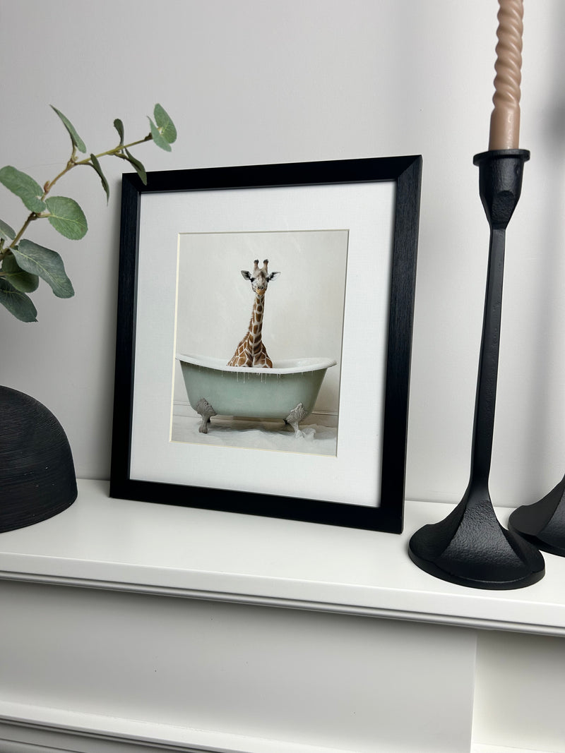 Bathroom joy giraffe in bath luxury framed prints