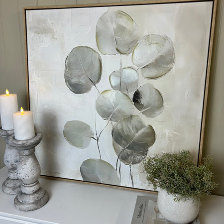 Silvra hand painted neural leaf eucalyptus floral framed wall art 80x80cm