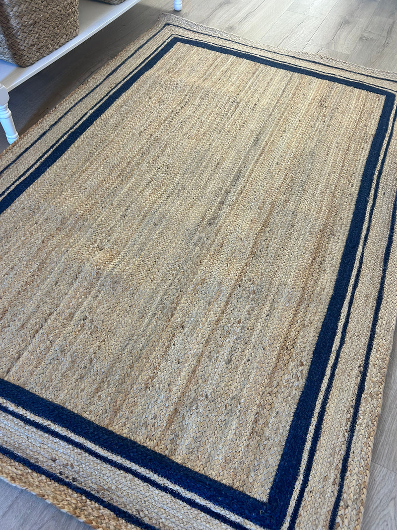 Rectangular Natural with Navy Border Woven seagrass Hemp Rug mat