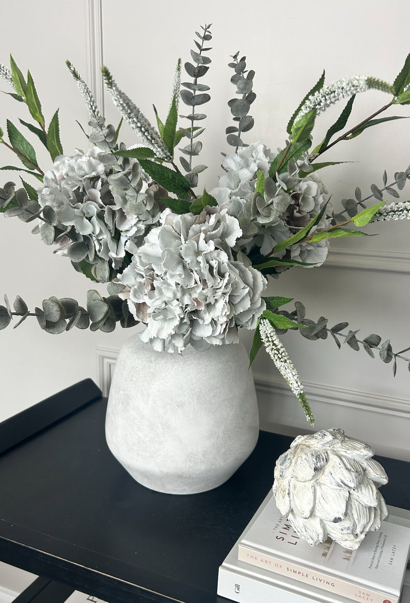 Bouquet arrangement grey/taupe hydrangeas white Veronica eucalyptus bunch.