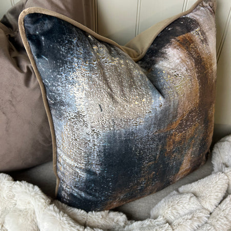 Paul Moneypenny Bronze brown navy Abstract Too Good Velvet Cushion 45cm