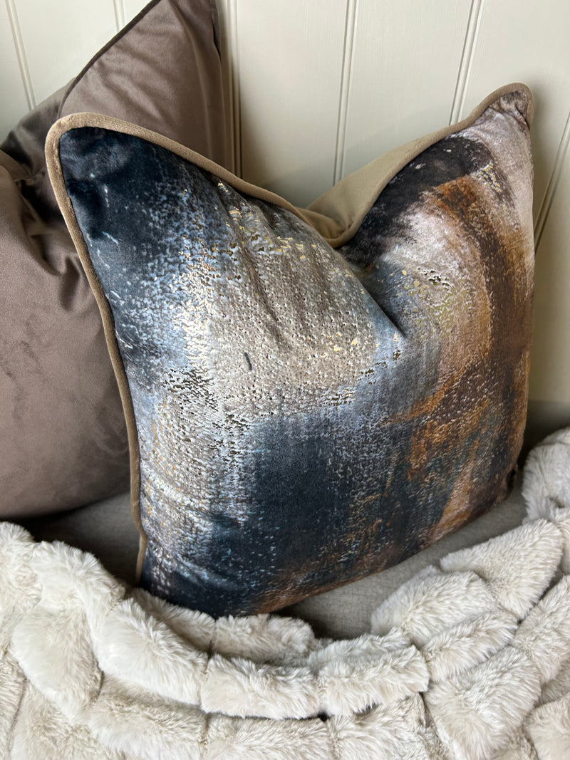 Paul Moneypenny Bronze brown navy Abstract Too Good Velvet Cushion 45cm