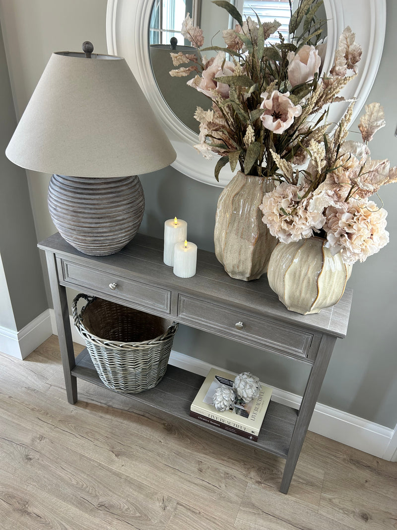Washed wood 2 drawer console table with shelf