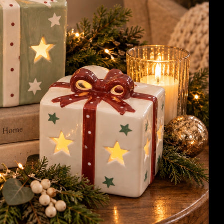 White Ceramic Light up Present with Red Bow