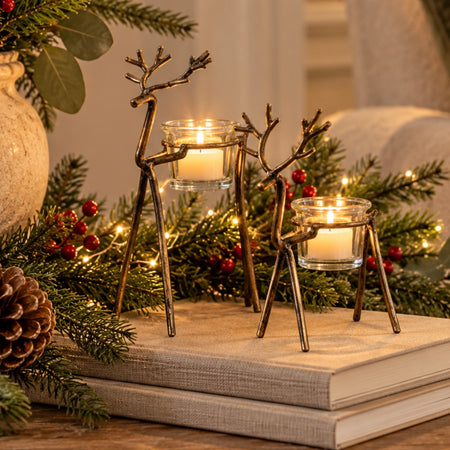 Gold metal standing reindeer candle holders 2 sizes