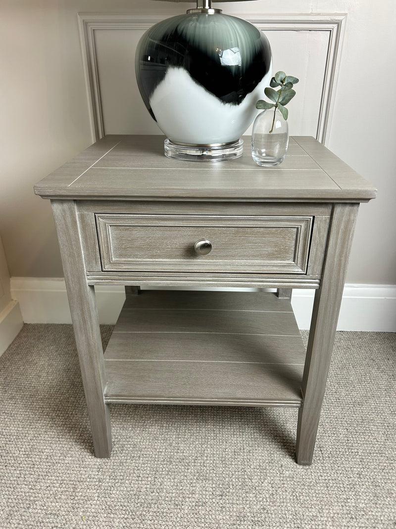Serene washed wood one drawer side table bedside