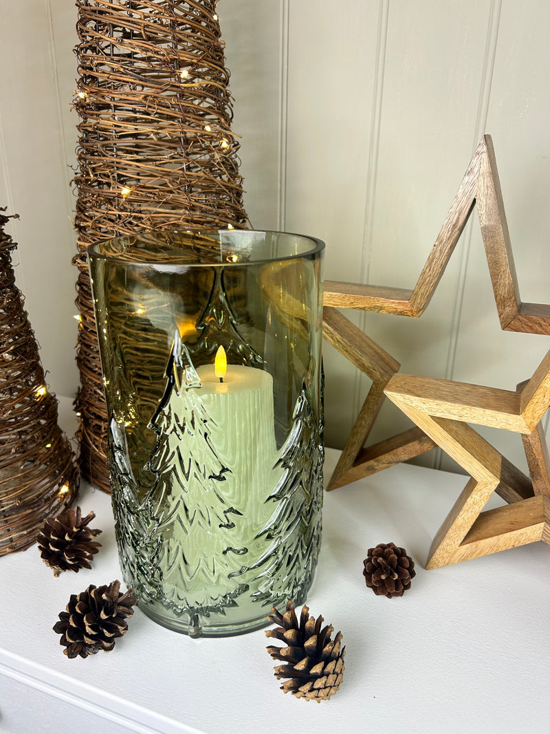Large glass Green tree Forest Candle Holder embossed