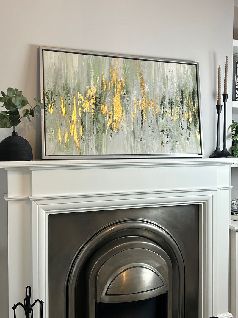 Dripping moss green and gold by Tom Reeves abstract framed canvas 60x96cm