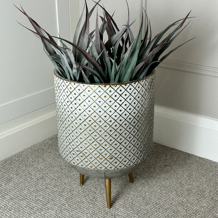 White and gold textured metal floor planter 2 sizes