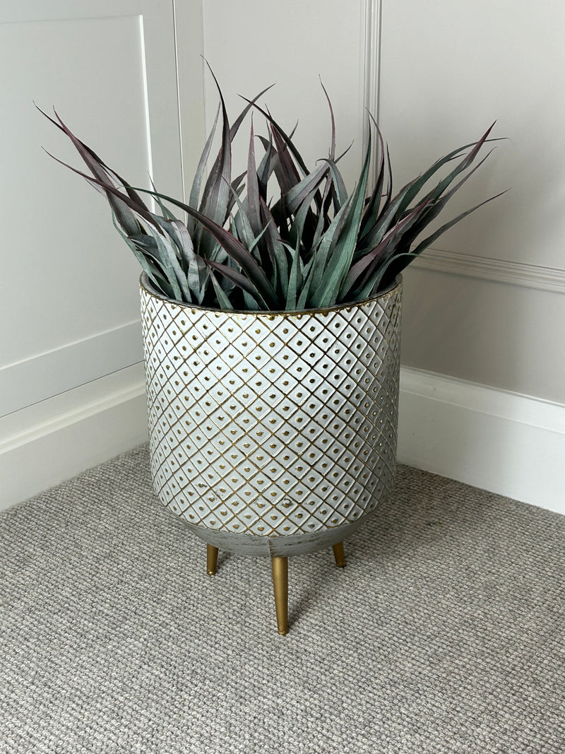 White and gold textured metal floor planter 2 sizes