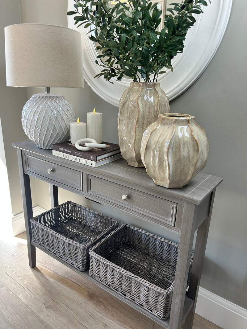 Washed wood 2 drawer console table with shelf