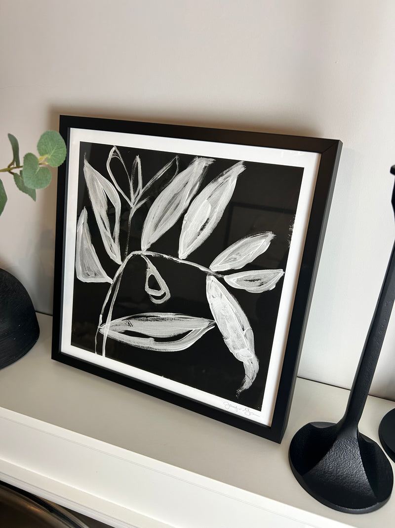 Quirky leaves monochrome framed art by Jennifer Goldberger