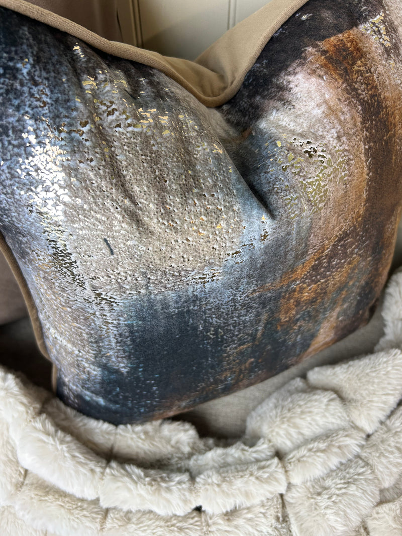 Paul Moneypenny Bronze brown navy Abstract Too Good Velvet Cushion 45cm