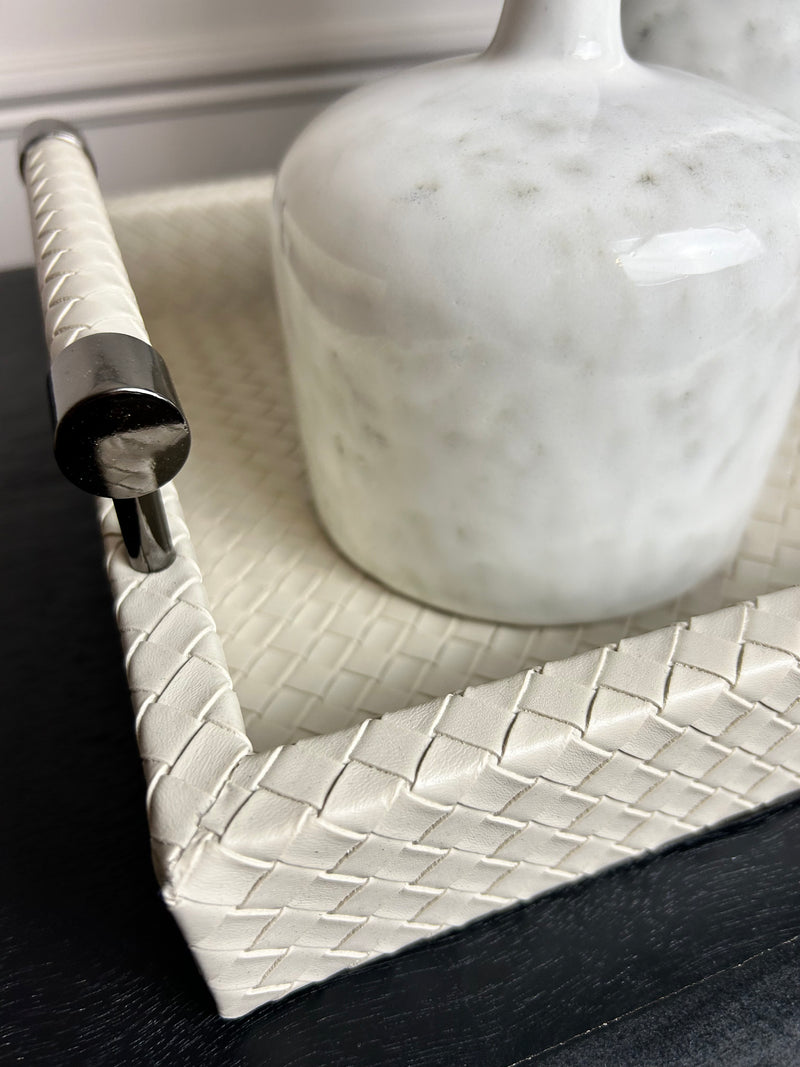 Cream leather look woven tray with gunmetal handles