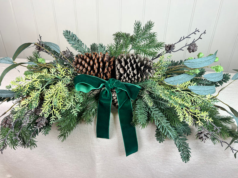 Pine mixed Foliage Bow Swag with green ribbon