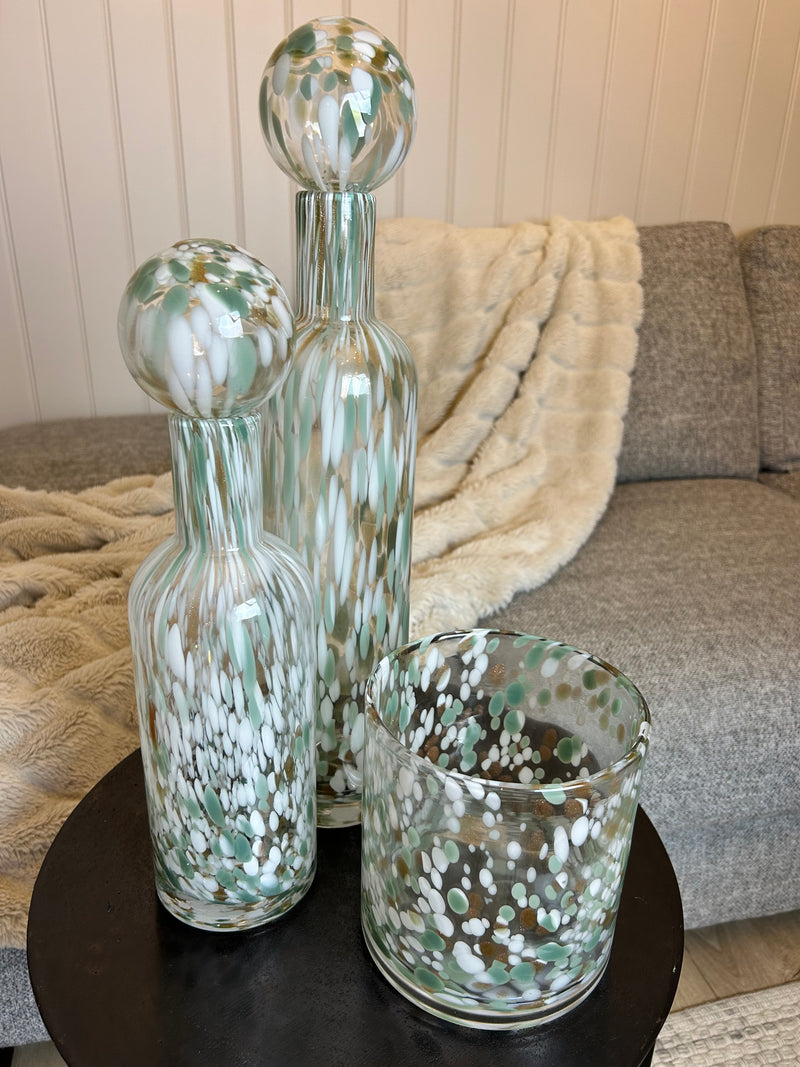 Green white gold pistachio speckled mottled glass lidded bottle jars 2 sizes