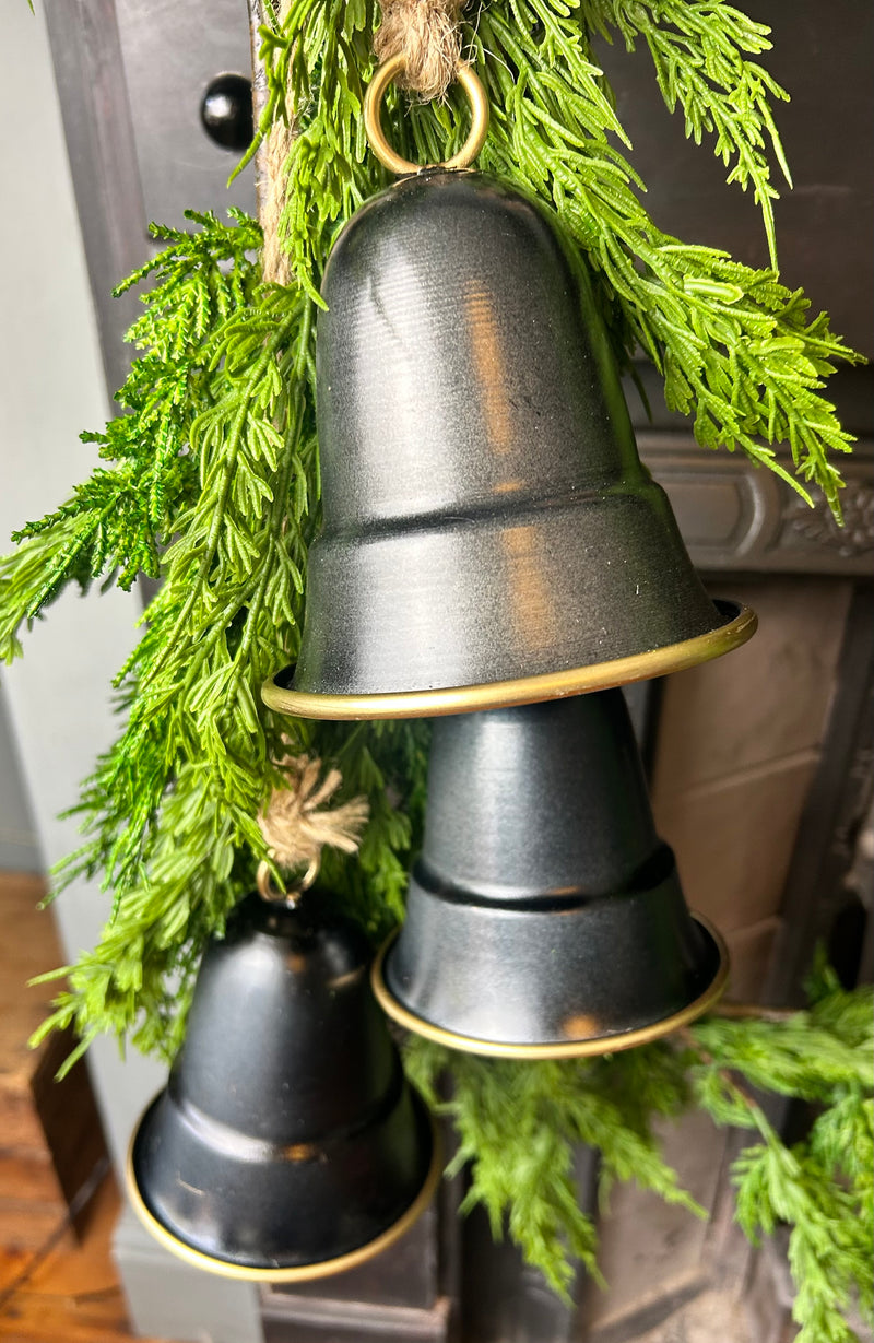 Set of 3 Hanging Pewter black gold Bells on Rope