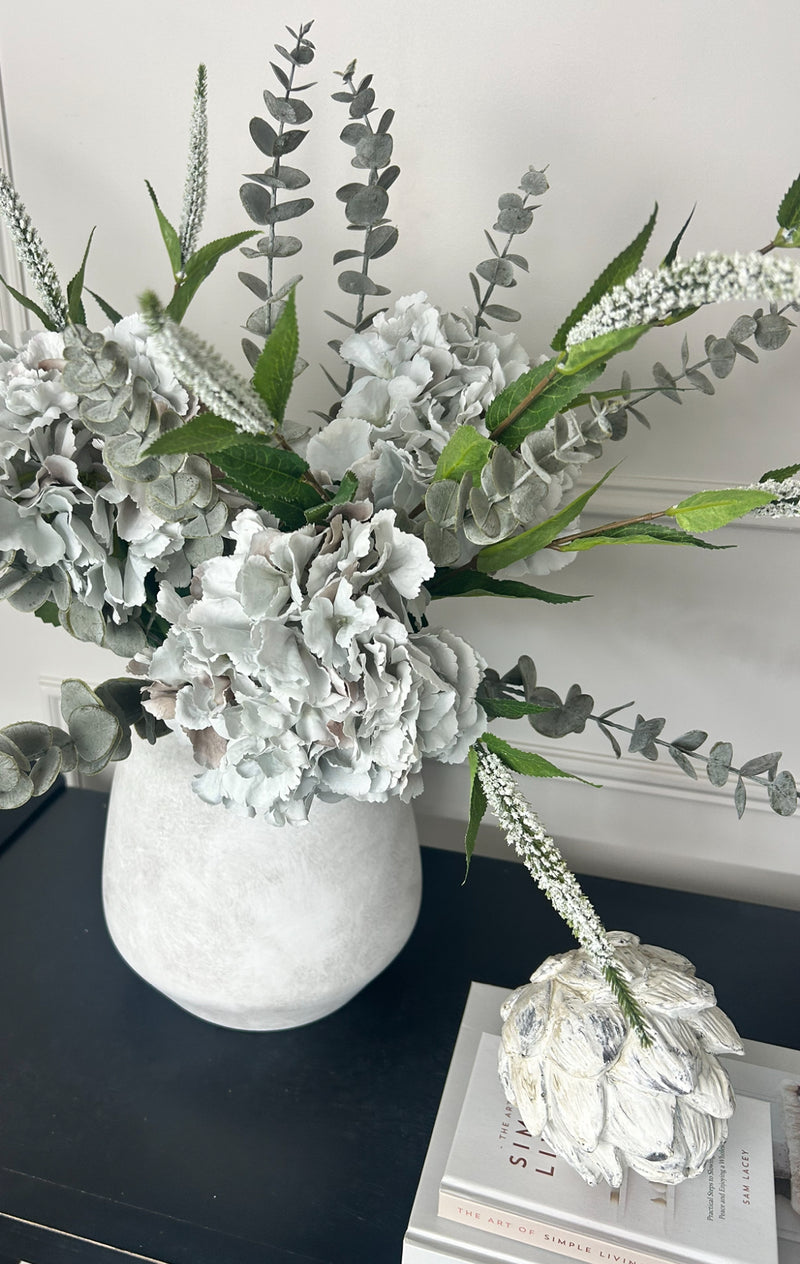 Bouquet arrangement grey/taupe hydrangeas white Veronica eucalyptus bunch.