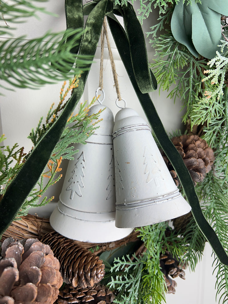 White metal hanging bell tree embossed 2 sizes