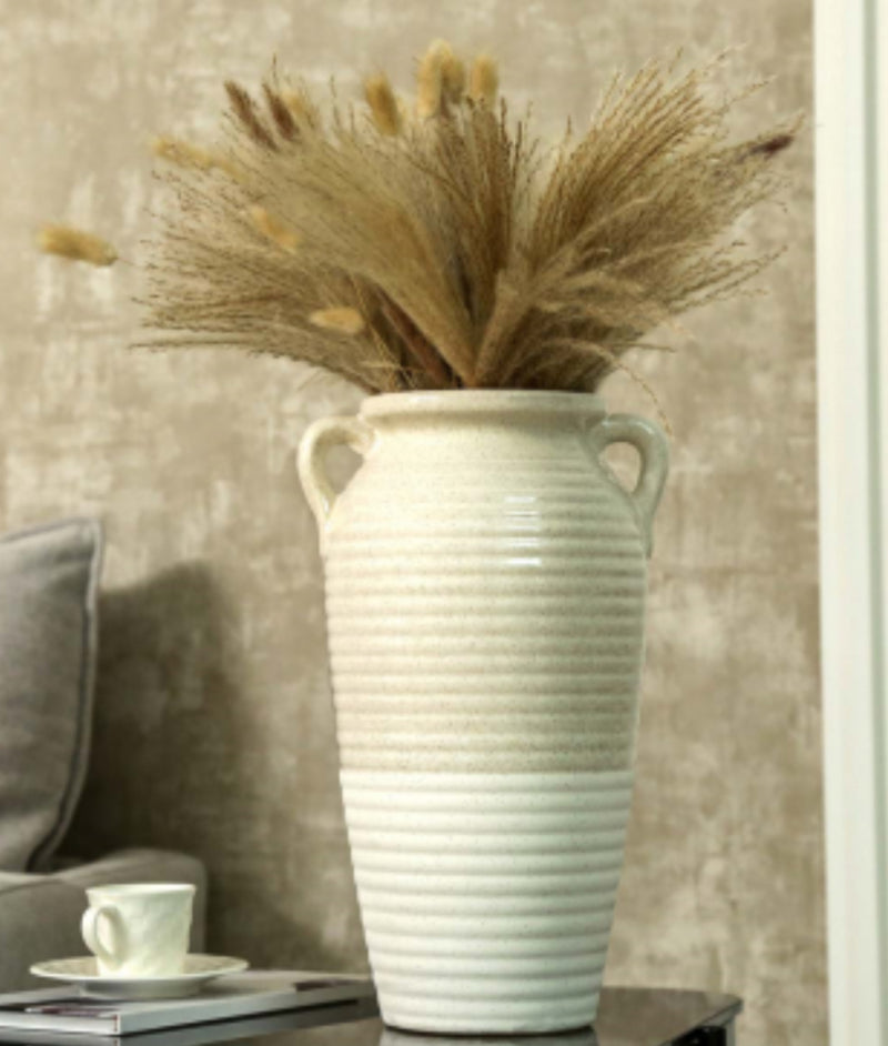 Two tone cream and white ribbed tall vase