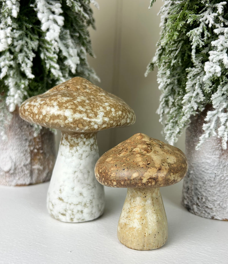Natural stoneware ceramic mushroom toadstool brown cream 2 sixes