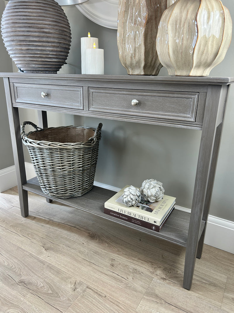 Washed wood 2 drawer console table with shelf