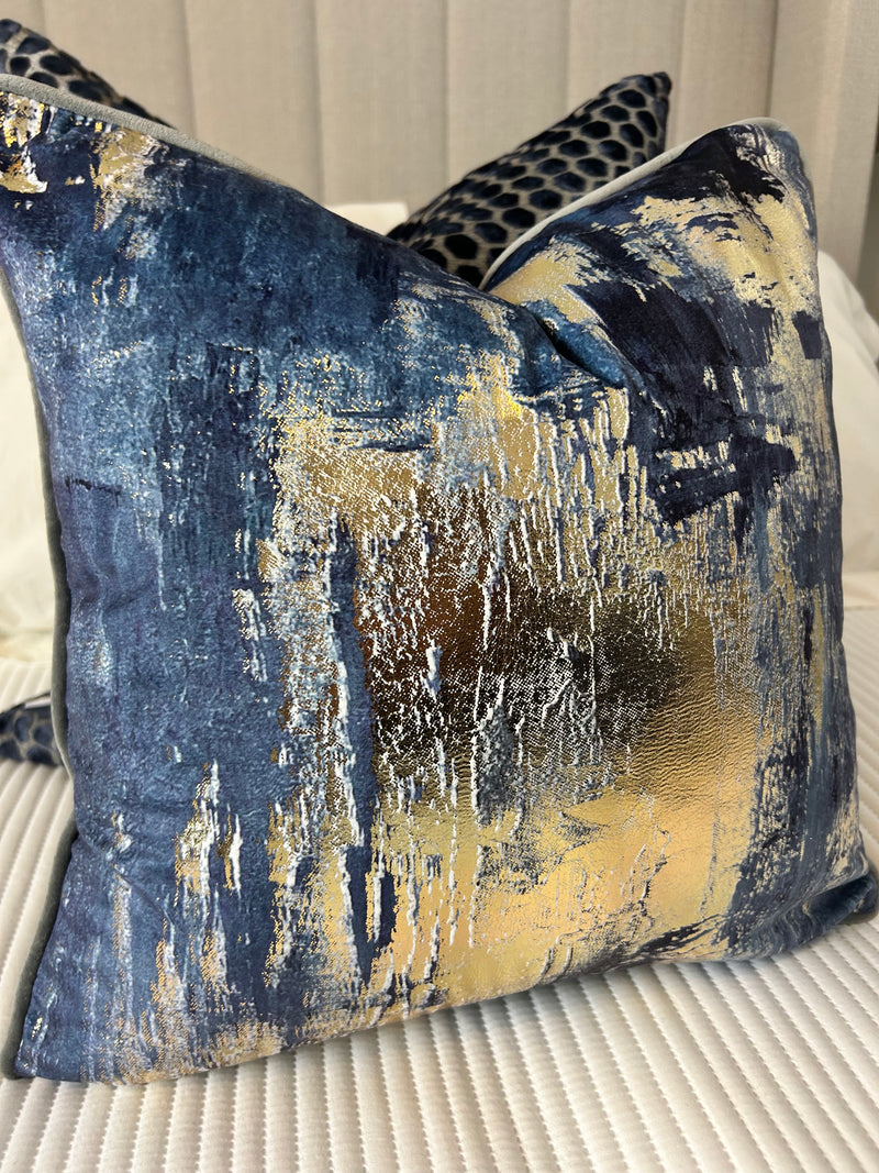 Idyllic abstract navy blue and gold grey luxury cushion