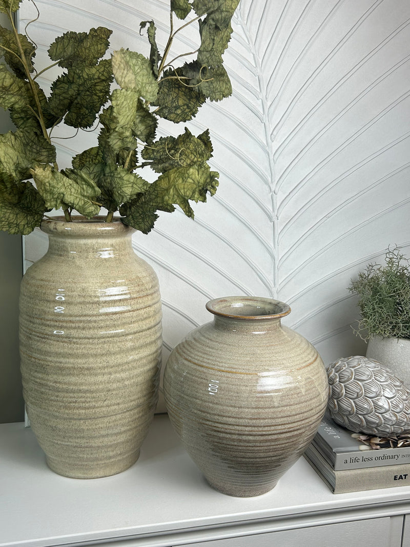 Large Tall fluted vase with ribbed bedside table texture detail brown beige 39cm by 22cm