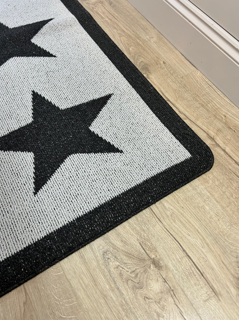 Charcoal Star Door washable mat rug Runner 67cm by 150cm and 67cm by 200cm