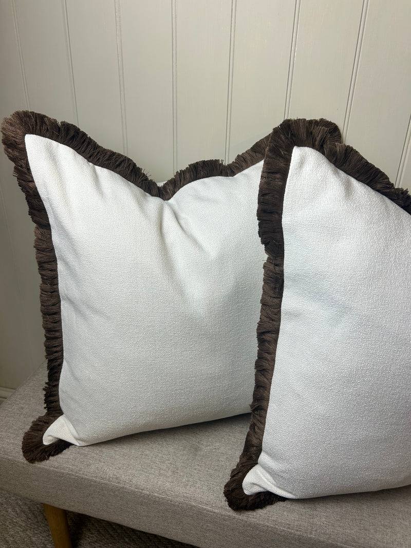 Large Ivory white boucle weave with Chocolate Brown Trim Edge Hugo Cushion 56cm