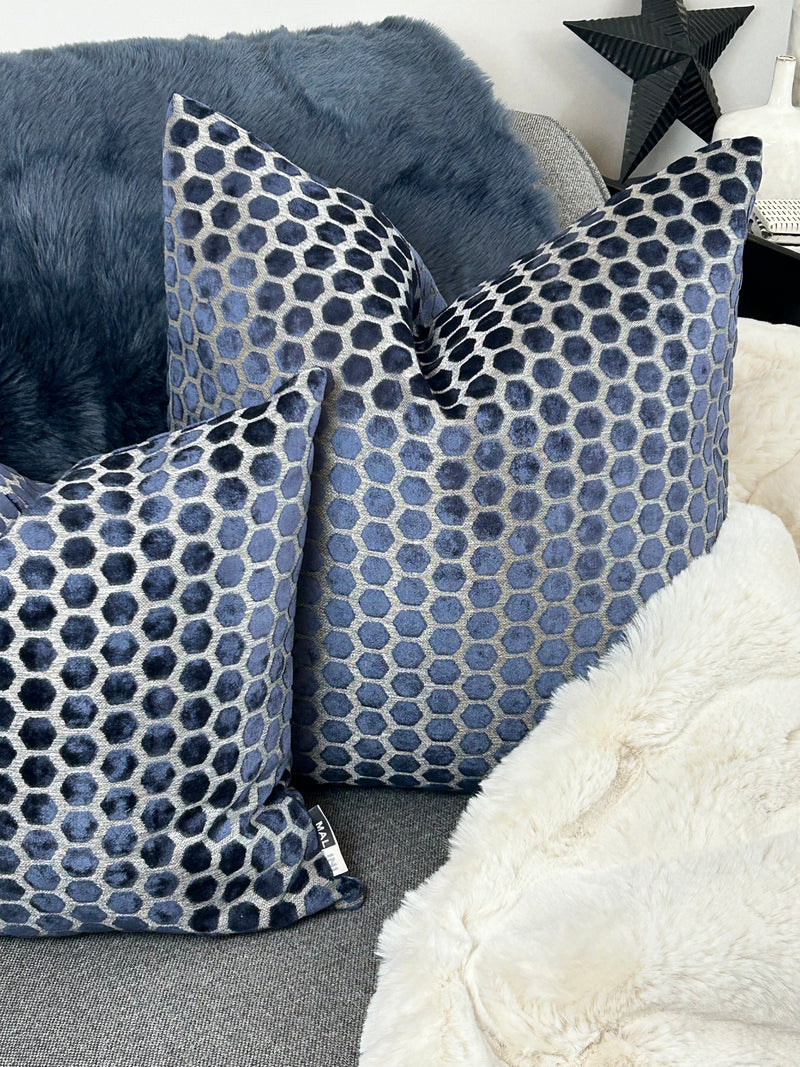 Navy Blue Jorvik Hexagon Velvet luxury Cushion Two Sizes