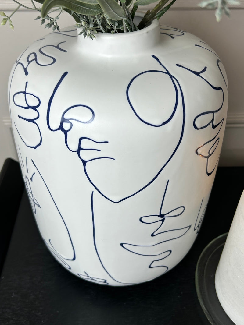 Large White navy blue modern faces jar vase