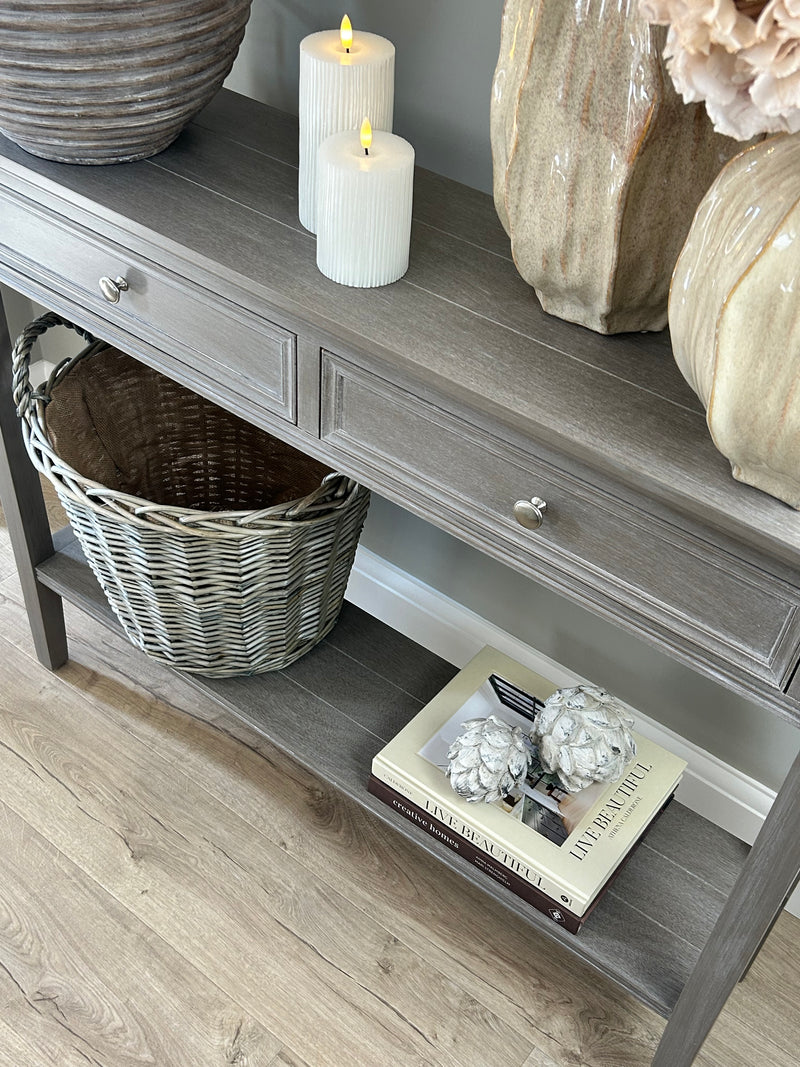 Washed wood 2 drawer console table with shelf