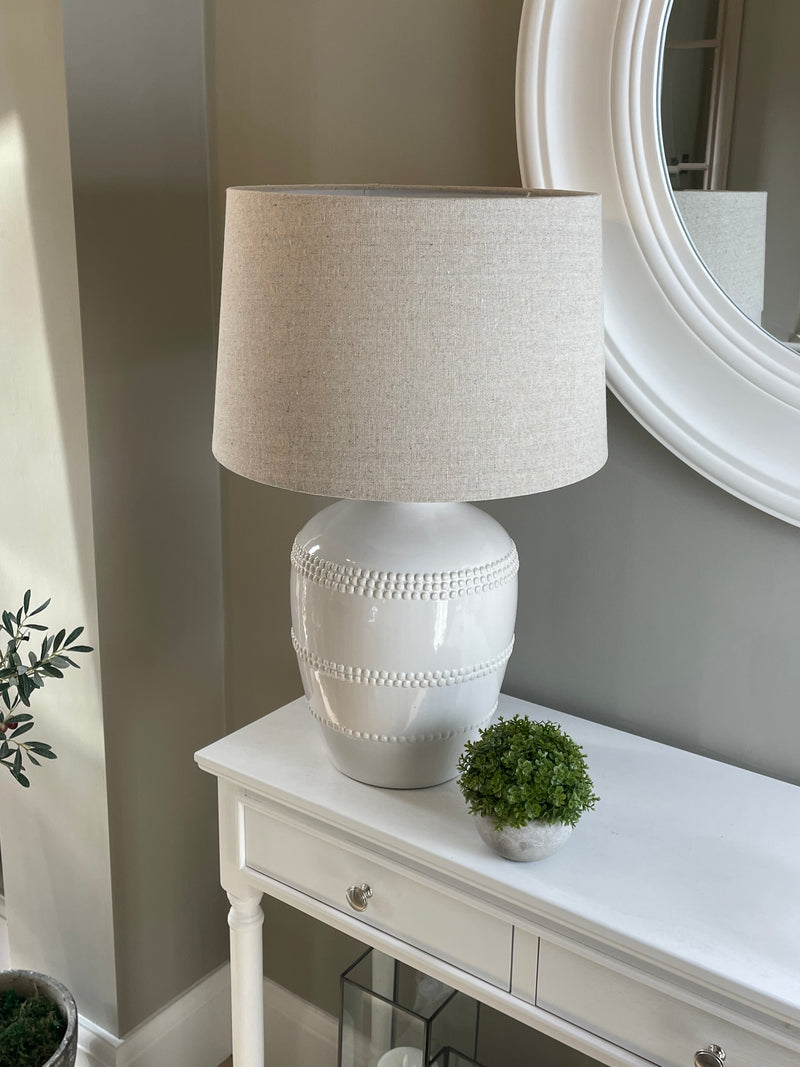 Off White beaded bobble ceramic lamp with linen shade