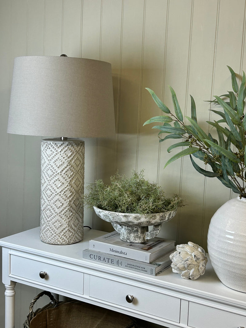 Tall Beaded Geo Lattice Lamp Linen Shade
