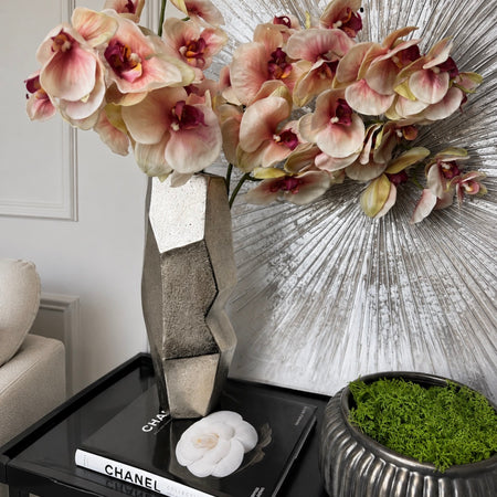 Large textured champagne silver metal shaped vase 40cm