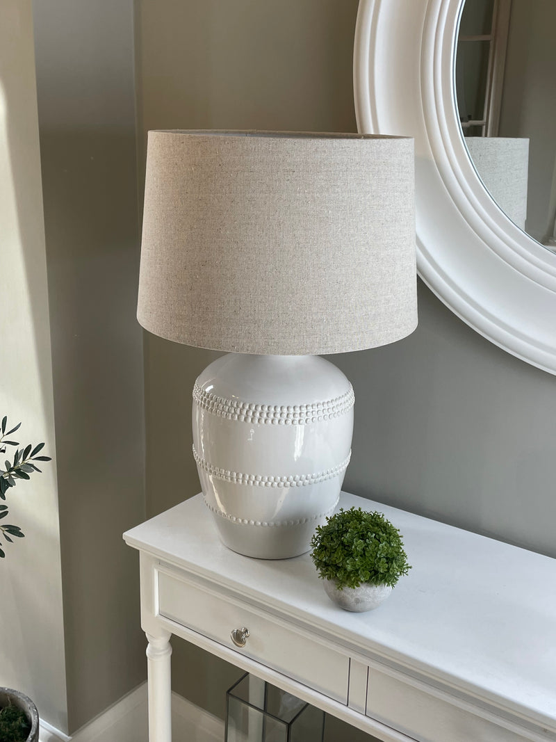 Off White beaded bobble ceramic lamp with linen shade