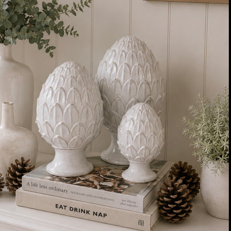 Ceramic white pinecone ornament 3 sizes