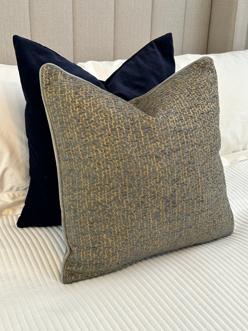 Cirro Grey ochre two tone Jacquard Weave piped Feather Filled Cushion 45x45cm