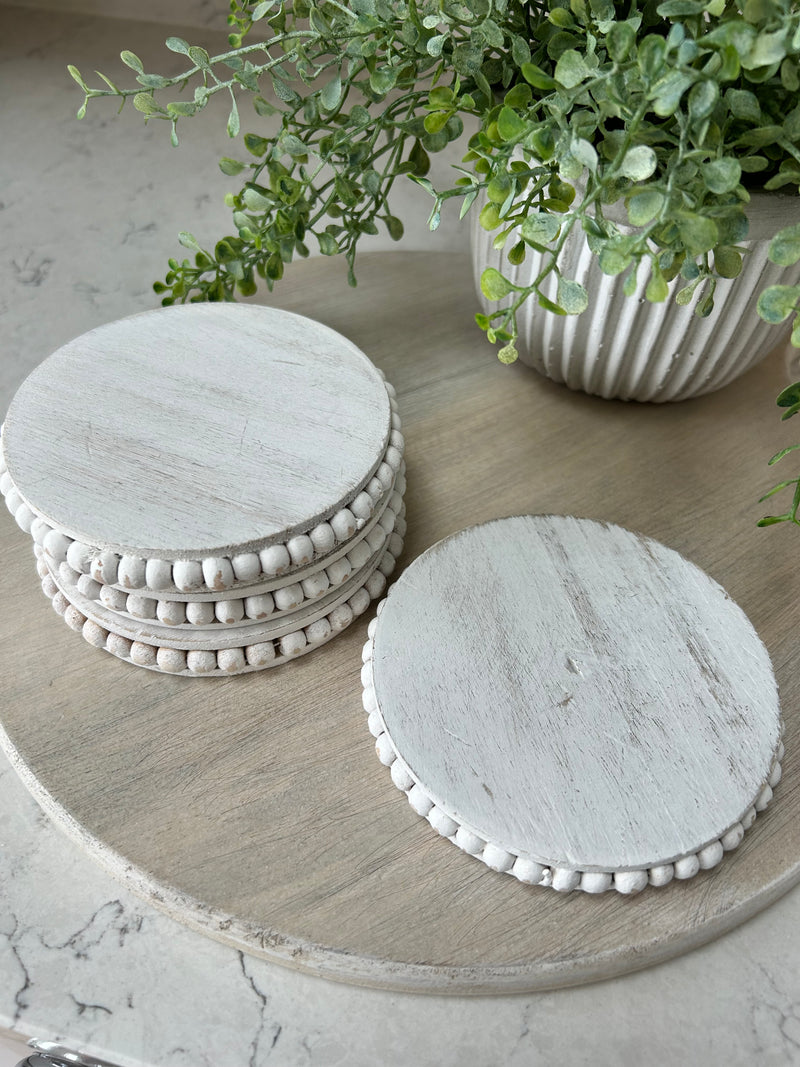 Beaded mango wood white coasters set of 4