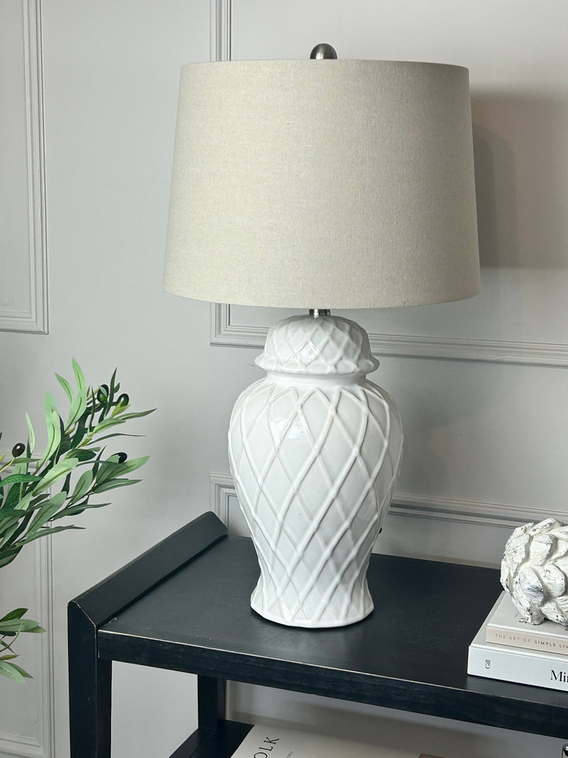 Ceramic base lattice grid lamp with linen shade