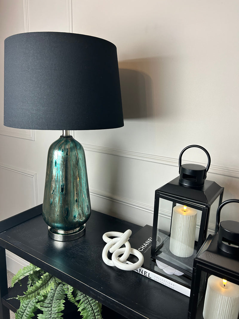 Blue and silver abstract peacock glass lamp with black shade