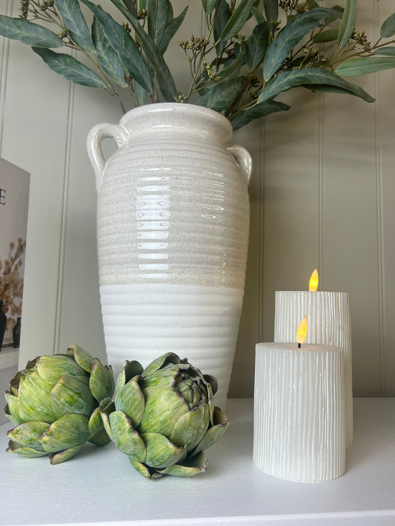 Two tone cream and white ribbed tall vase