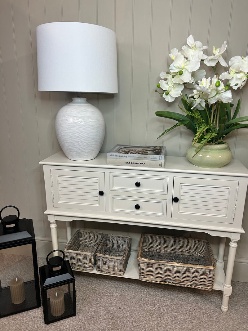 White console cupboard table with shelf