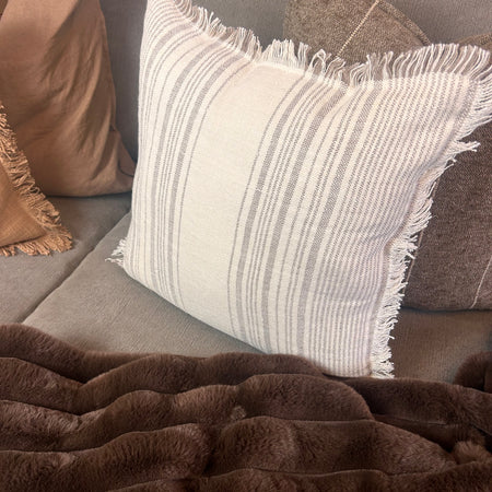 Arvind grey taupe stripe fray edge 45cm linen cushion cover
