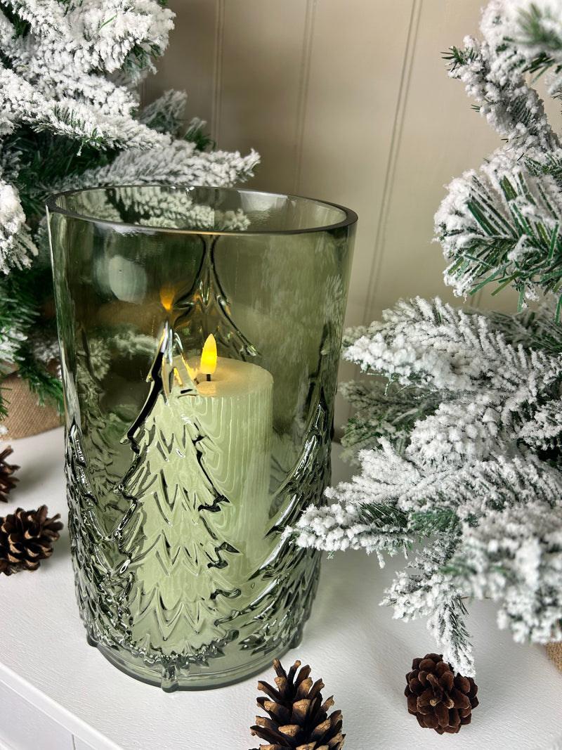 Large glass Green tree Forest Candle Holder embossed