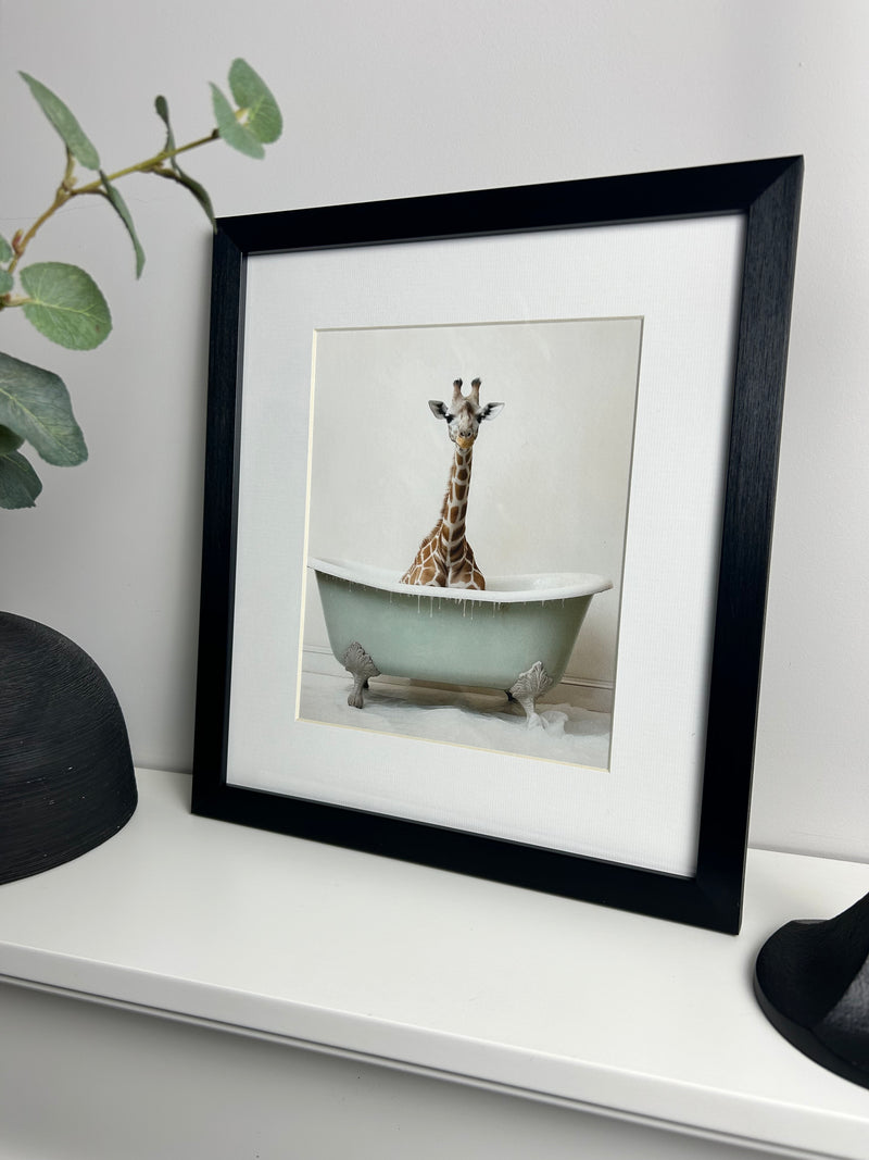Bathroom joy giraffe in bath luxury framed prints