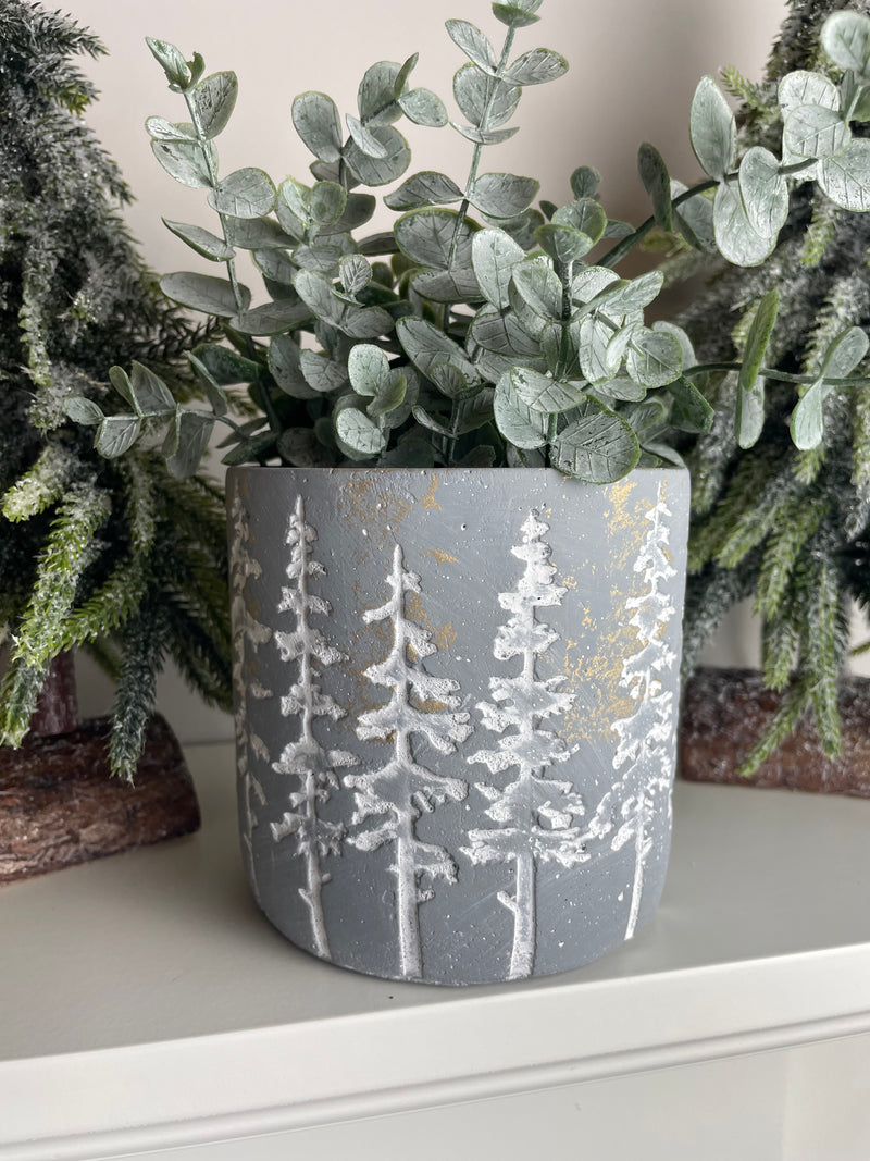 Medium Grey & White Tree Design Plant Pot