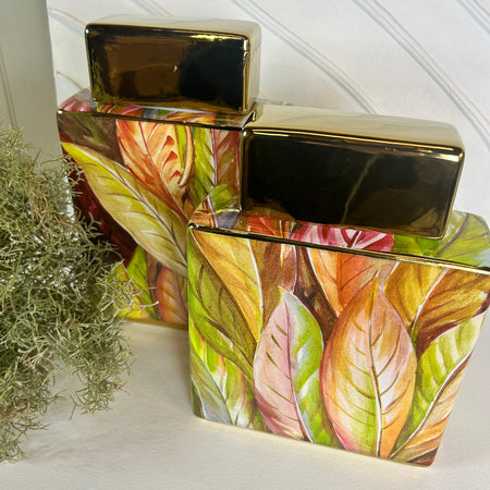 Green leaves ceramic lidded ginger jar 2 sizes